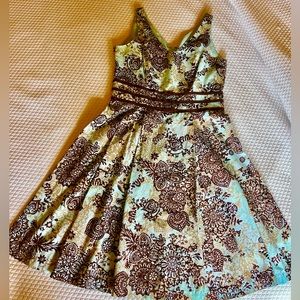 Blue and brown dress with fitted top and flared bottom.